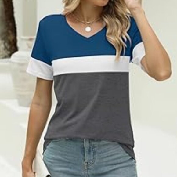 3/$20 EUC Minetom Women's Color Block Short Sleeve V-Neck Soft Tee Shirt Large - Picture 10 of 12